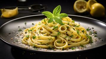 foto di Limone aglio burro pasta come un' piatto nel un' fascia alta ristorante. generativo ai