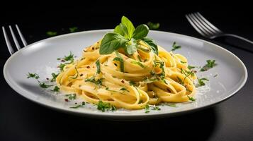 foto di Limone aglio burro pasta come un' piatto nel un' fascia alta ristorante. generativo ai