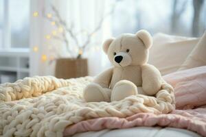 un' morbido bianca orsacchiotto orso si siede in cima un' accogliente merino coperta su un' letto ai generato foto