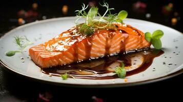 foto di acero smaltato salmone come un' piatto nel un' fascia alta ristorante. generativo ai