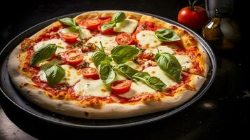 foto di margherita Pizza come un' piatto nel un' fascia alta ristorante. generativo ai