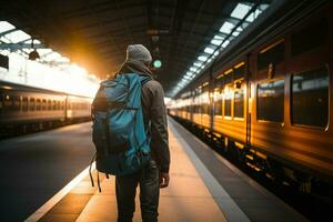 un' solitario viaggiatore, zaino in spalla, passeggiate con scopo attraverso il treno stazione ai generato foto