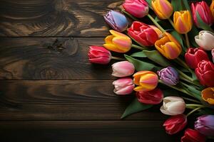 alto Visualizza vivace tulipani disposte su rustico legna tavolo superficie ai generato foto