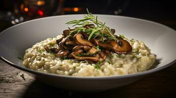 foto di fungo risotto come un' piatto nel un' fascia alta ristorante. generativo ai