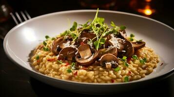 foto di fungo risotto come un' piatto nel un' fascia alta ristorante. generativo ai