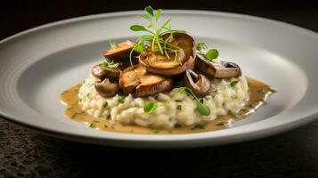 foto di fungo risotto come un' piatto nel un' fascia alta ristorante. generativo ai