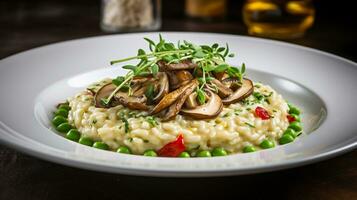 foto di fungo risotto come un' piatto nel un' fascia alta ristorante. generativo ai