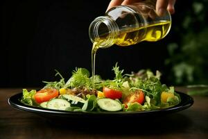 elegantemente, un' donna di mano versa oliva olio a partire dal un' bicchiere bottiglia su insalata ai generato foto