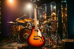 musicisti raccogliere nel il studio camera, acustico chitarra imposta il prova tono. ai generato foto