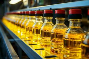 fabbrica produzione linea efficiente Riempimento bottiglie con raffinato girasole seme olio ai generato foto
