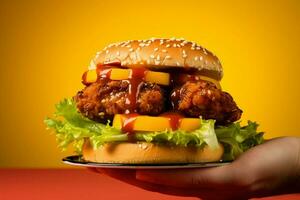 succulento pollo e verdura hamburger pop contro un' luminosa giallo sfondo tela ai generato foto