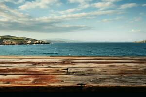 anziano di legno tavolo struttura giustapposti con vasto cielo e sereno mare ai generato foto