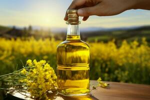 nel mano, un' bottiglia di colza olio, il essenza di culinario diletto ai generato foto