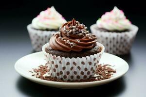 tazza di delizioso cioccolato torte in mostra su un' pulito bianca sfondo ai generato foto