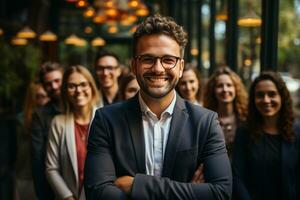 ai generativo gruppo di contento attività commerciale uomo e attività commerciale donne, vestito nel tute siamo sorridente, nel il ufficio foto