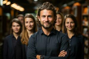 ai generativo gruppo di contento attività commerciale uomo e attività commerciale donne, vestito nel tute siamo sorridente, nel il ufficio foto