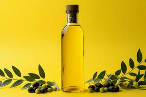 giallo fondale punti salienti un' bottiglia di oliva olio ornato con aromatico spezie ai generato foto