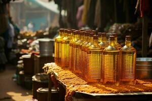 strada mercato scena vivo con fornitori promozione il vendita di verdura olio ai generato foto