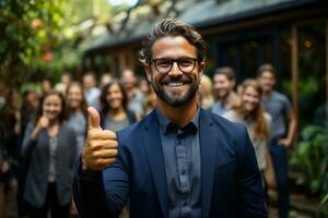 ai generativo gruppo di contento attività commerciale uomo e attività commerciale donne, vestito nel tute siamo sorridente, nel il ufficio foto