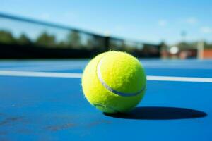 un' vivace giallo palla riposa su un' professionale racchetta su un' blu tennis Tribunale tappeto ai generato foto