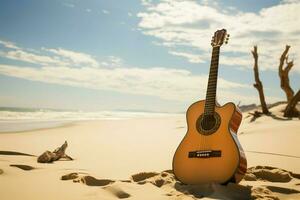 un' solitario acustico chitarra sta alto, Serenading il sabbie con suo melodie. ai generato foto