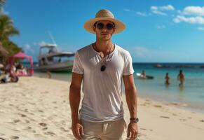 ai generativo indietro Visualizza giovane turista uomo nel estate vestito e cappello in piedi su bellissimo sabbioso spiaggia. godendo. foto