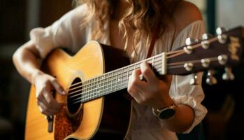 un' lato Visualizza cattura un' femmina musicista abilmente strimpellare un acustico chitarra. ai generato foto