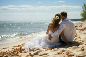 contento sposa e sposo seduta su il spiaggia, loro amore accanto il oceano ai generato foto