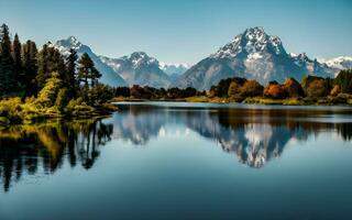 specchio di maestà, cattura il sublime riflessione di un' drammatico montagna gamma nel il sereno abbraccio di un' calma lago. ai generato foto