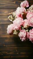 bianca rustico legna tavolo ornato con un' flatlay di rosa peonie e babys respiro verticale mobile sfondo ai generato foto