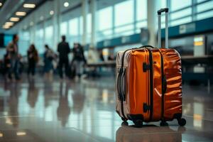 in mezzo il dell'aeroporto commozione, un' bagaglio Borsa miscele in il sfocato ambientazione ai generato foto