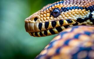 ipnotizzante macro esplorazione, un' travolgente avvicinamento rivelatrice il squisito modelli di serpente bilancia. ai generato foto