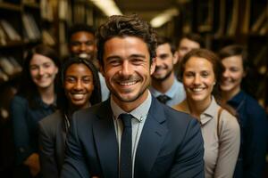 ai generativo gruppo di contento attività commerciale uomo e attività commerciale donne, vestito nel tute siamo sorridente, nel il ufficio foto