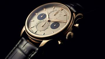 lusso Uomini orologio commerciale concetto, su misura oro design su buio sfondo, generativo ai foto