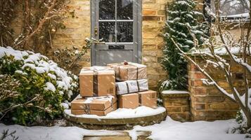 Natale i regali consegna, postale servizio e vacanza regali in linea acquisti, avvolto pacco scatole su un' nazione Casa gradino della porta nel un' nevicando inverno, generativo ai foto
