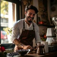 sorridente barista scrosciante cacao foto