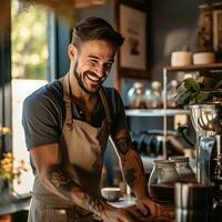 sorridente barista scrosciante cacao foto