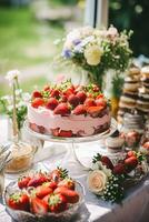 fragola torta per nozze, compleanno e festa celebrazione, vacanza dolce evento cibo ristorazione, nazione Villetta stile, generativo ai foto