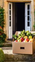 cibo consegna, postale servizio e in linea drogheria acquisti, frutta scatola con fresco biologico frutta a partire dal un' Locale azienda agricola su un' Casa gradino della porta nel il campagna, generativo ai foto