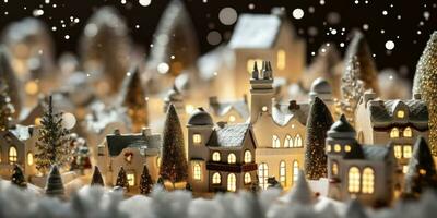Natale miniatura scena di accogliente cittadina con festivo edifici, generativo ai foto