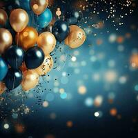 realistico festivo sfondo con d'oro e blu palloncini caduta coriandoli sfocato sfondo e un' bokeh luci, generativo ai foto