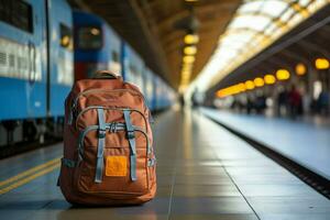 viaggio concetto un' viaggiatore con un' blu zaino, Scott camicia, cappello, e bagaglio a il treno stazione ai generato foto