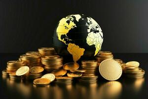 un' nero e oro globo circondato di un' pila di oro monete ai generato foto