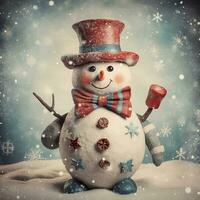 pupazzo di neve nel il Natale vacanza volta, pupazzo di neve retrò stile alto qualità ai generato Immagine foto