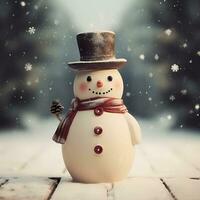 pupazzo di neve nel il Natale vacanza volta, pupazzo di neve retrò stile alto qualità ai generato Immagine foto