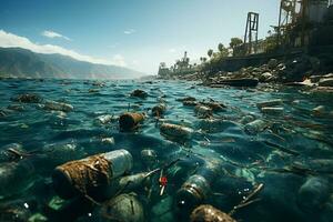 ambientale crisi a partire dal sopra oceano e acqua contaminato di plastica e rifiuto ai generato foto