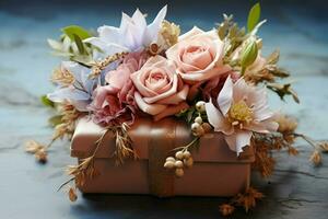 fiorire ornato Tesoro fiori grazia scatola contro un' leggero sfondo, radiante bellezza ai generato foto