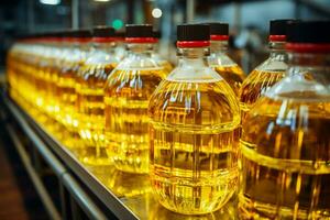 efficiente fabbrica processi Riempimento bottiglie con alto qualità raffinato girasole seme olio ai generato foto