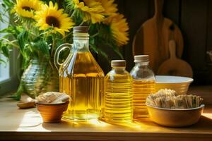 dispensa essenziali cucina utensili, girasole olio, e un' rustico di legno tavolo ai generato foto