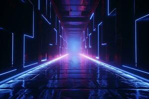 futuristico viaggio attraverso buio corridoio, neon splendore guida verso luminoso quadrato. ai generato foto